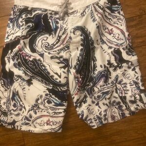 Ermenegildo Zegna White Paisley Cargo Shorts with Black & Blue Accents